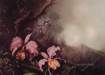 Martin Johnson Heade Painting - Dos orquídeas en un paisaje de montaña Flor romántica Martin Johnson Heade